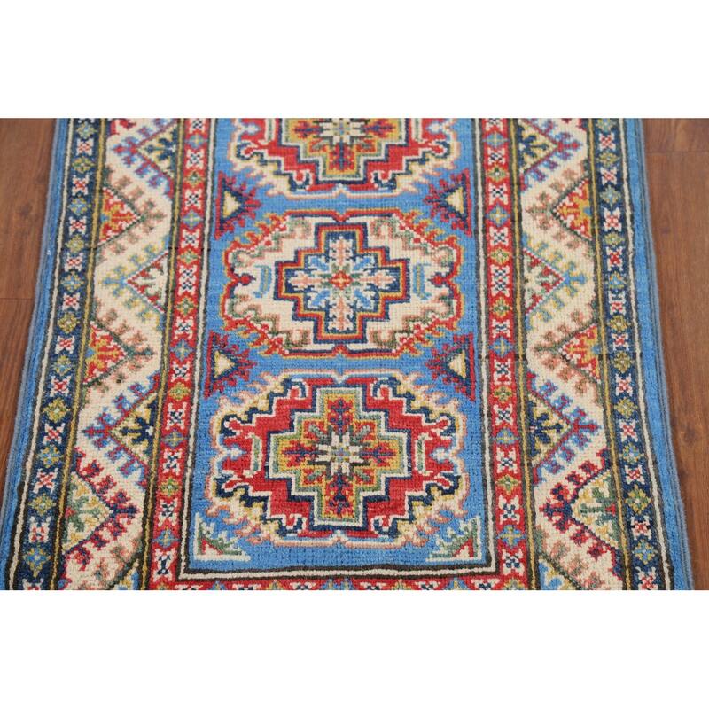 Geometric Blue Kazak Oriental Accent Rug Hand-Knotted Wool Carpet - 2'1"x 2'10"