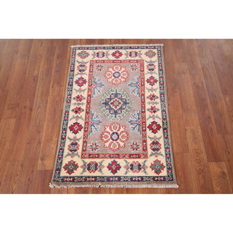 Hand Knotted Oriental 100% Wool Carpet Traditional Geometric Greys & Charcoal Kazak Area Rug - 3' 0'' X 2' 0''