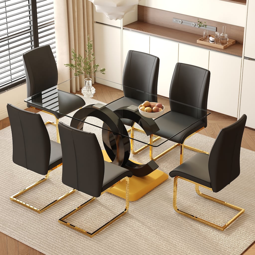 Luxury 7-Piece Dining Table Set 63-Inch Rectangular Glass Table with 6 Faux Leather Chairs Modern Kitchen Dining Table Set for 6