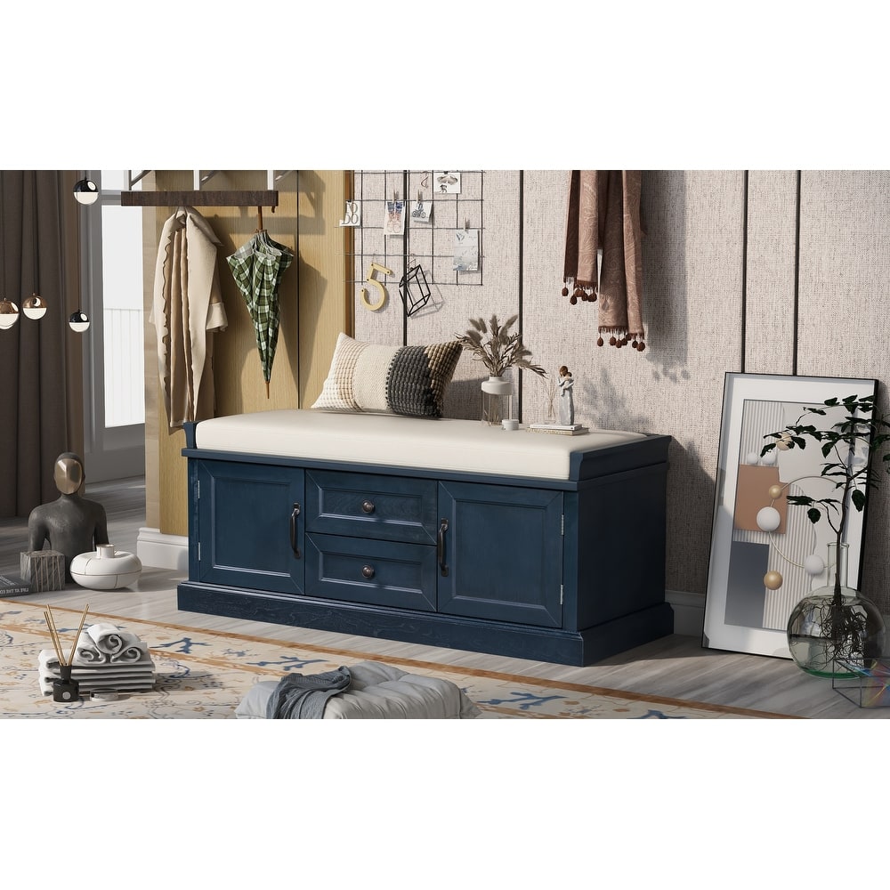 Storage Bench with 2 Drawers and 2 Cabinets, Shoe Bench with Removable Cushion for Living Room