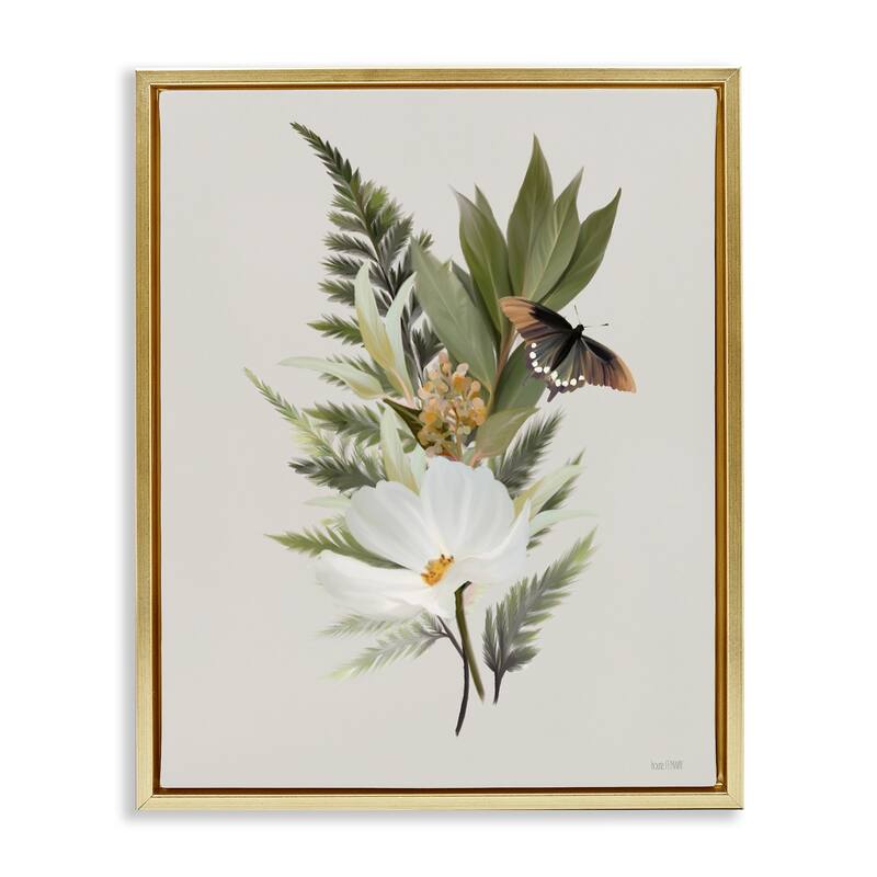 Stupell Flower Sprigs & Butterfly Framed Floater Canvas Wall Art Design By House Fenway - 25 x 31 - Gold