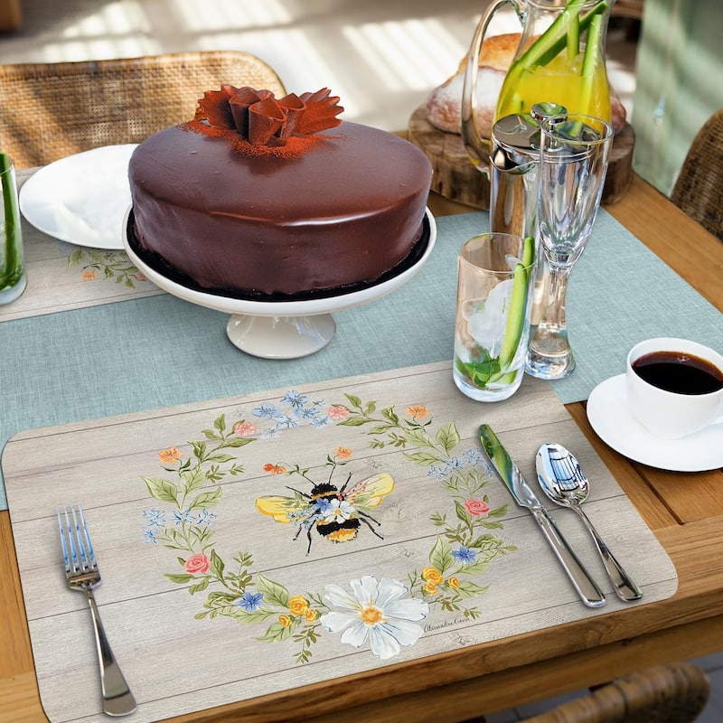 Floral Bee 4 Pack Reversible Easy Care Flexible Plastic Placemats Made in The USA BPA Free Easily Wipes Clean