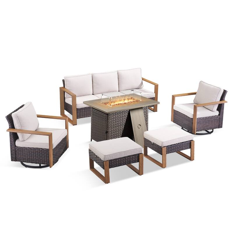 Pocassy Outdoor Wicker Sofa Swivel Chair with Fire Table Set