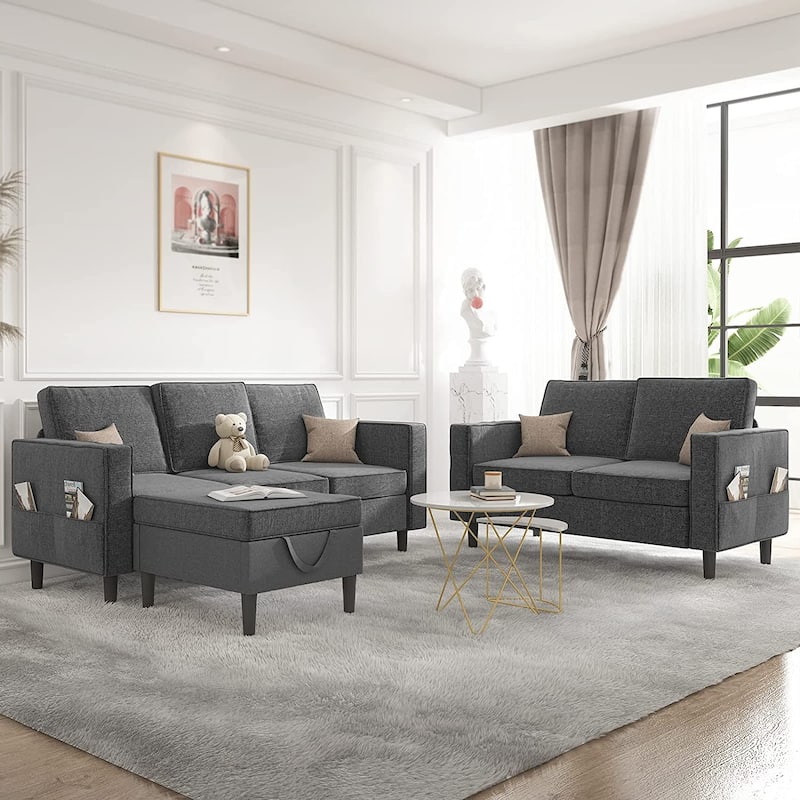 Mixoy Convertible Sectional Sofa Couches,3-Seater with Loveseat,Ottoman - Dark Grey
