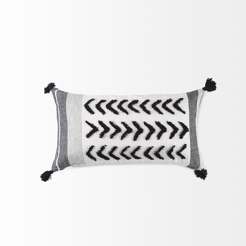 Kimia 14L x 26W White, Gray, and Black Fabric Herringbone and Fringed Decorative Pillow Cover