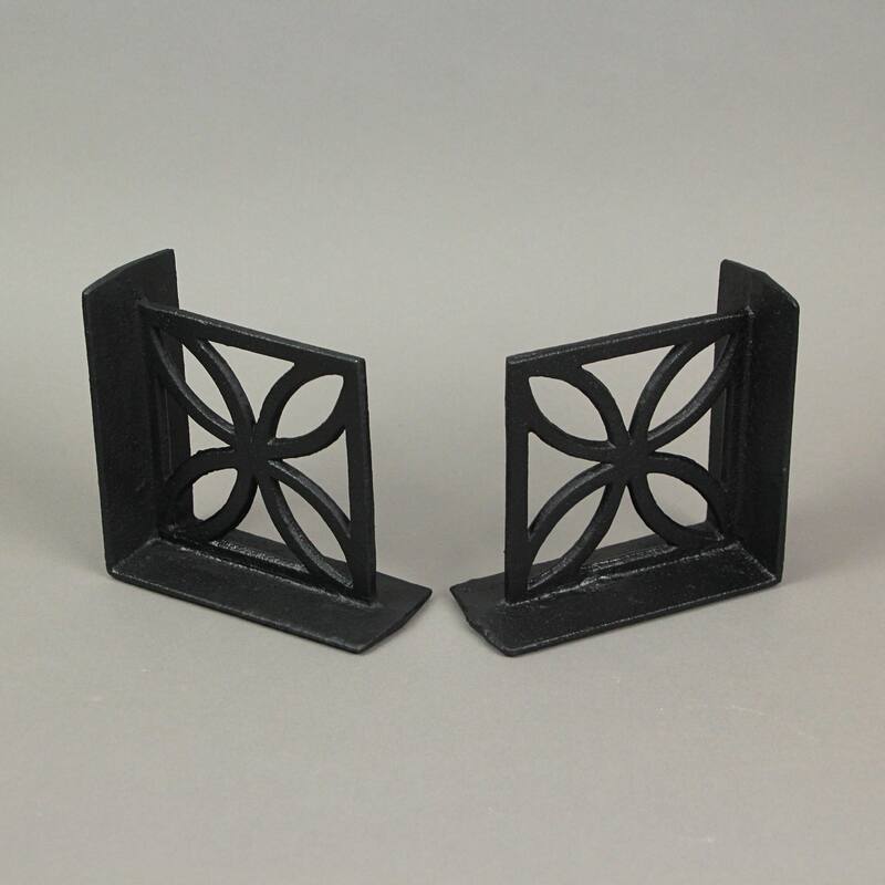 Zeckos Black Cast Iron Floral Breeze Block Bookends (Set Of 2) - 5 X 5.25 X 2.25 inches