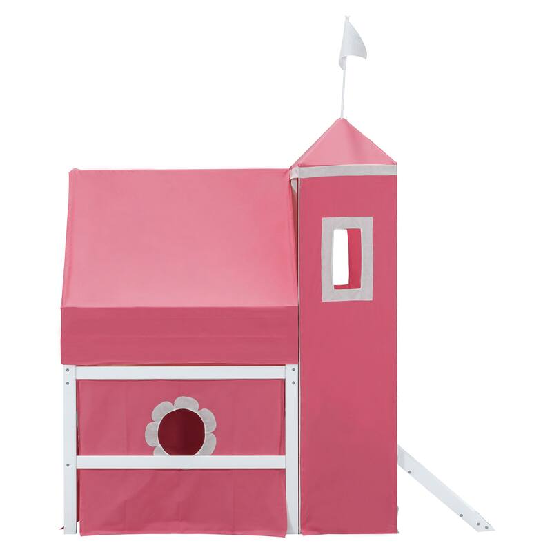 Full Size Loft Bed with Castle Tower, Slide, and Play Tent, Solid Pine Wood Construction with Spacious Under-Bed Play Area
