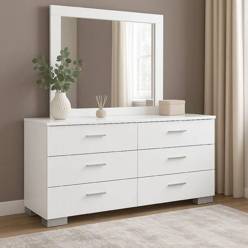 Sok Wide Dresser with Mirror, 6 Drawers, White High Gloss Finish, Wood