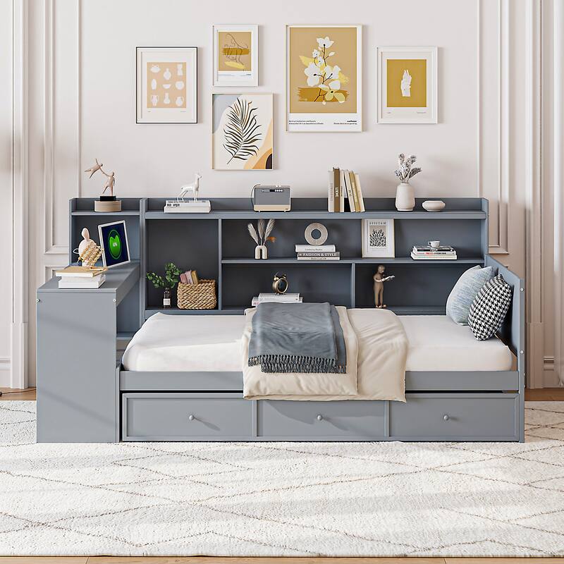 Daybed with Storage Drawers, Desk & USB Ports, Twin/Full Size Wooden Frame for Kids & Teens