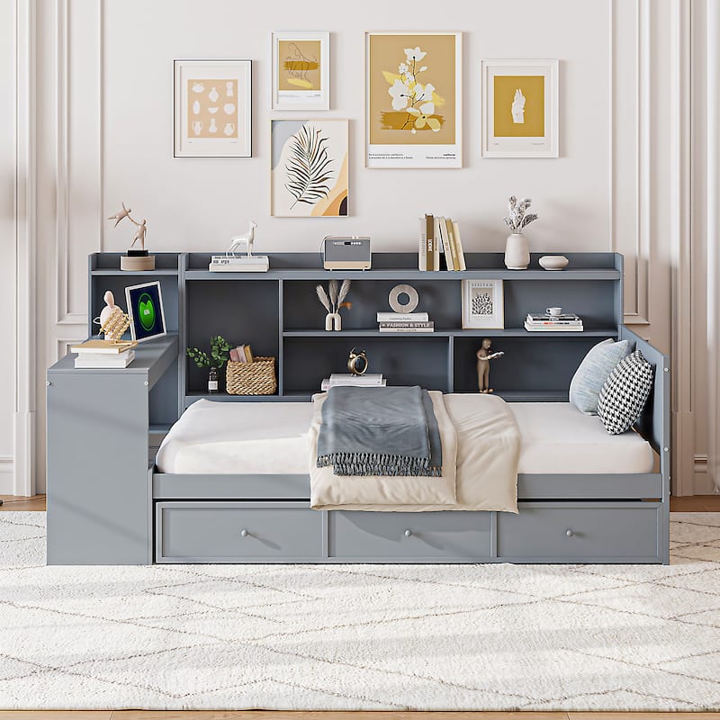 Twin Size Wooden Daybed with 3 Storage Drawers, Integrated Desk & USB Ports, Gray - Gray - Twin