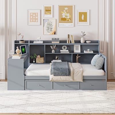 Wooden Daybed Frame with Desk and 3 Storage Drawers & USB Port, Pinewood Corner Bed with Headboard Twin Captain Bed for Bedroom