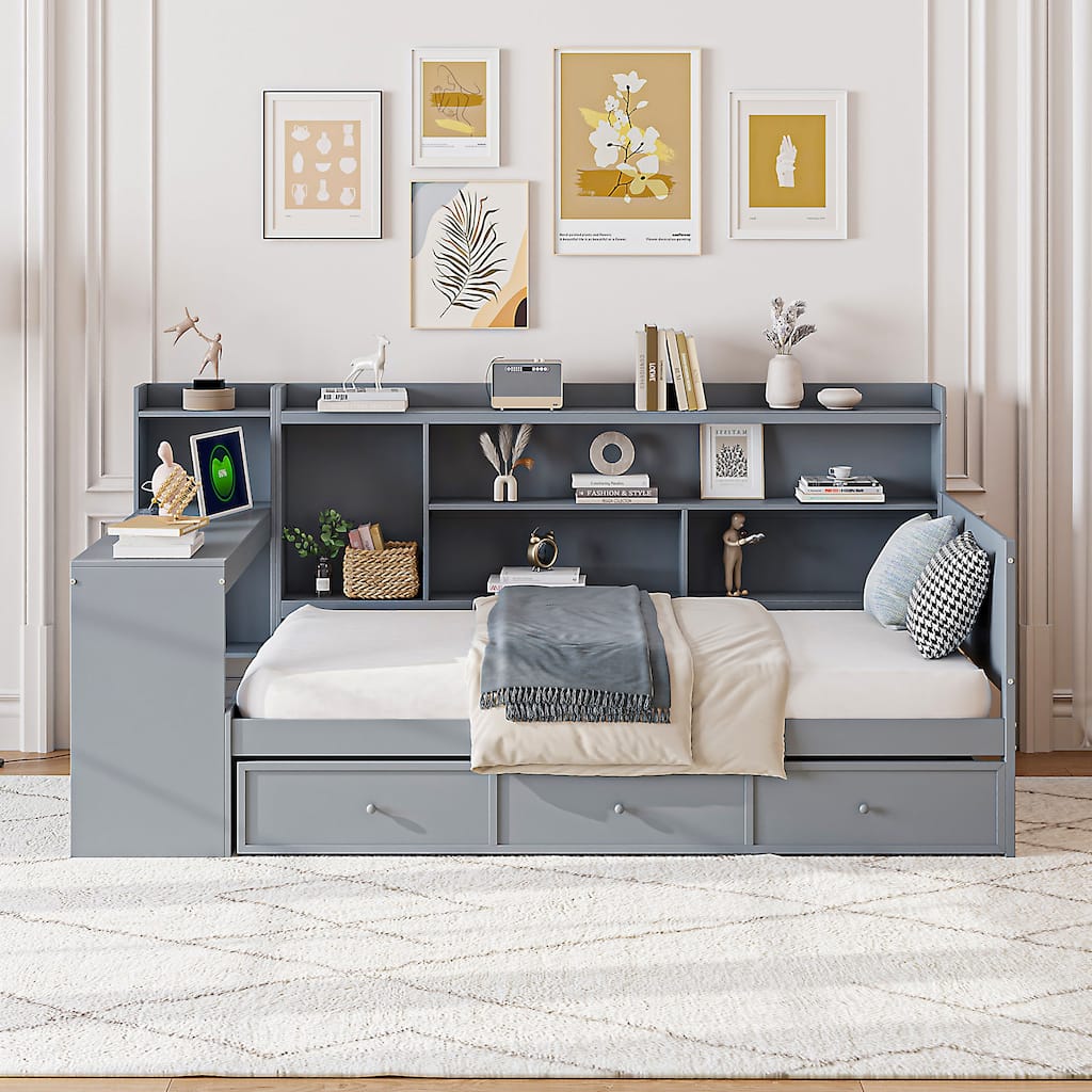 Wooden Daybed Frame with Desk and 3 Storage Drawers & USB Port, Pinewood Corner Bed with Headboard Twin Captain Bed for Bedroom