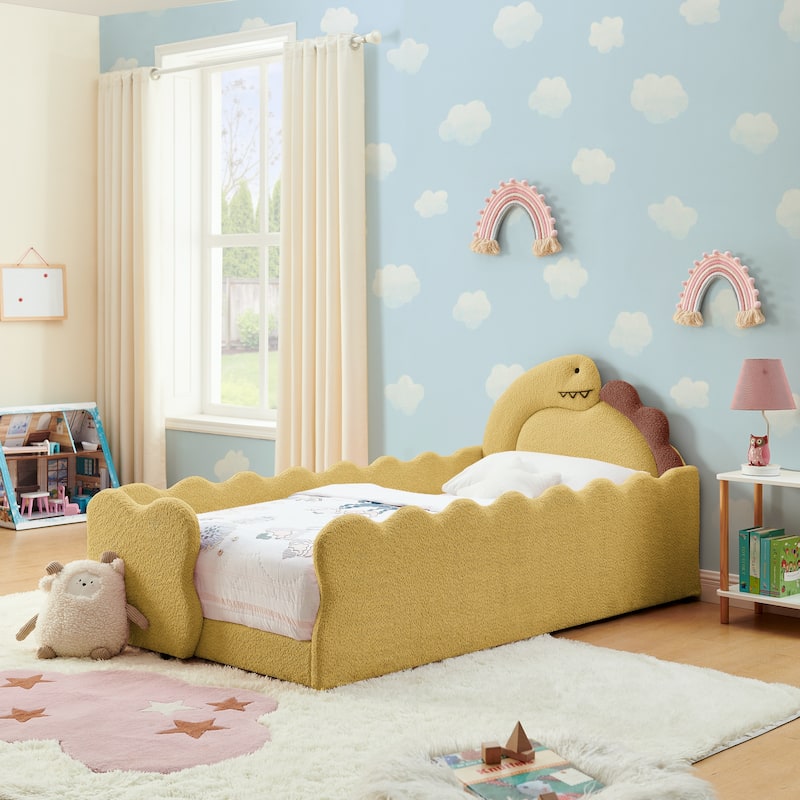 Twin Dinosaur-Shaped Kids Bed with Safety Guardrail - Solid Wood Toddler Bed Frame in Boucle Fabric