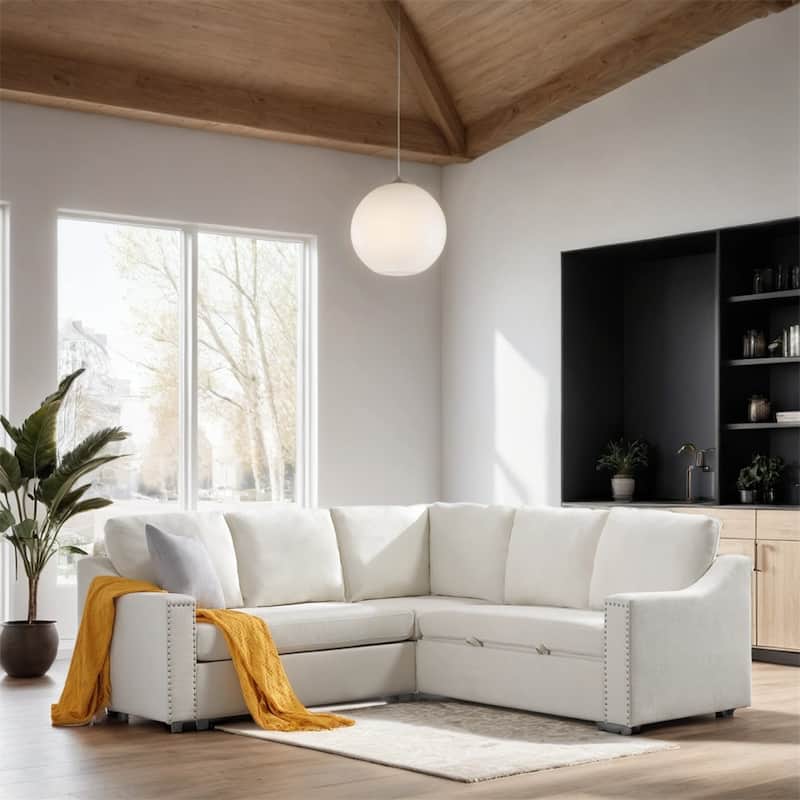 L Shaped Chenille Fabric Pull-out Sofa Bed, Corner Sofa with Pillows