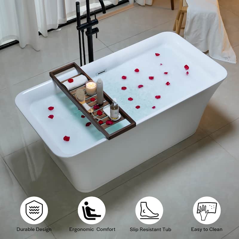 59" x 30" Freestanding Rectangular Soaking Acrylic Bathtub in White with Polished Chrome Overflow and Drain
