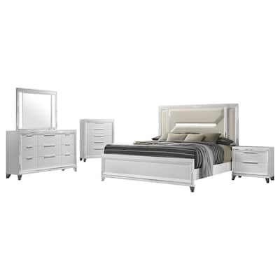 Mory 5pc Queen Bedroom Set, Herringbone Graphic Pattern, LED, White