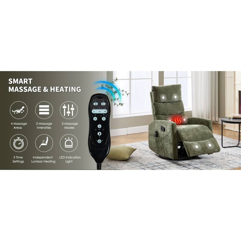 Roomfitters Manual Swivel Rocker Recliner Chair with Heat and Massage Fabric Glider Lounge Sofa for Living Room