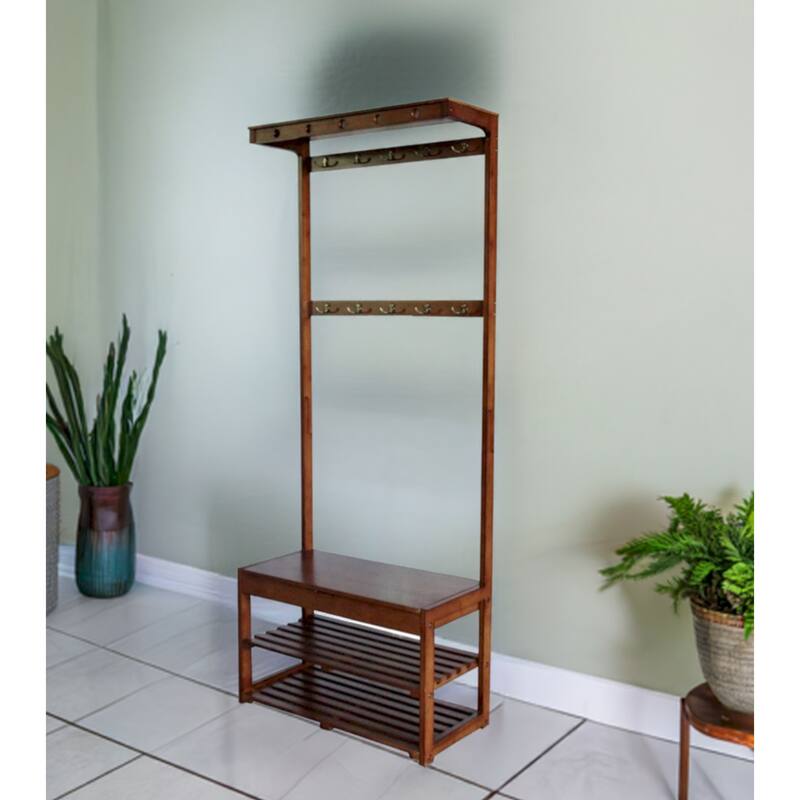 Bamboo Entryway Hall Tree with Storage Area - Mahogany