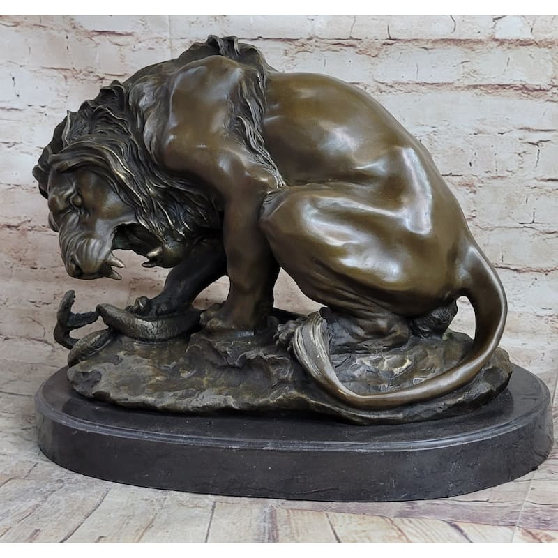 Lion Vs. Imitative Snake Bronze Statue Sculpture Figure By Antoine Barye On Marble Base