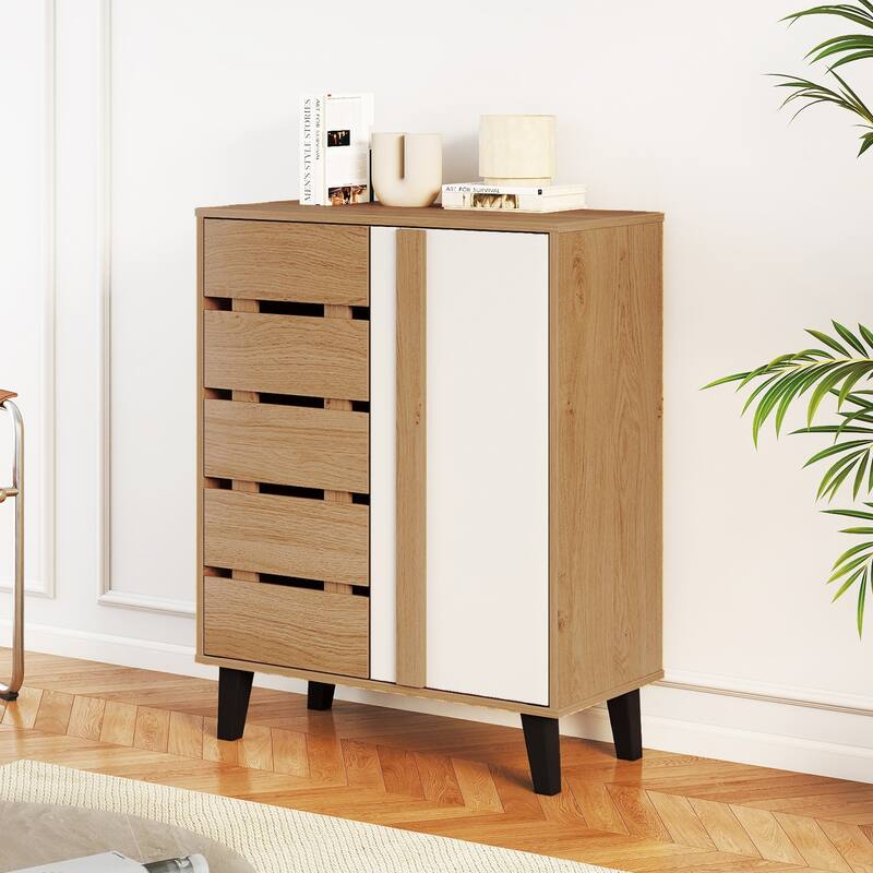 Gymax 2-Door Shoe Cabinet 4-Tier Farmhouse Shoe Organizer w/ Louvered