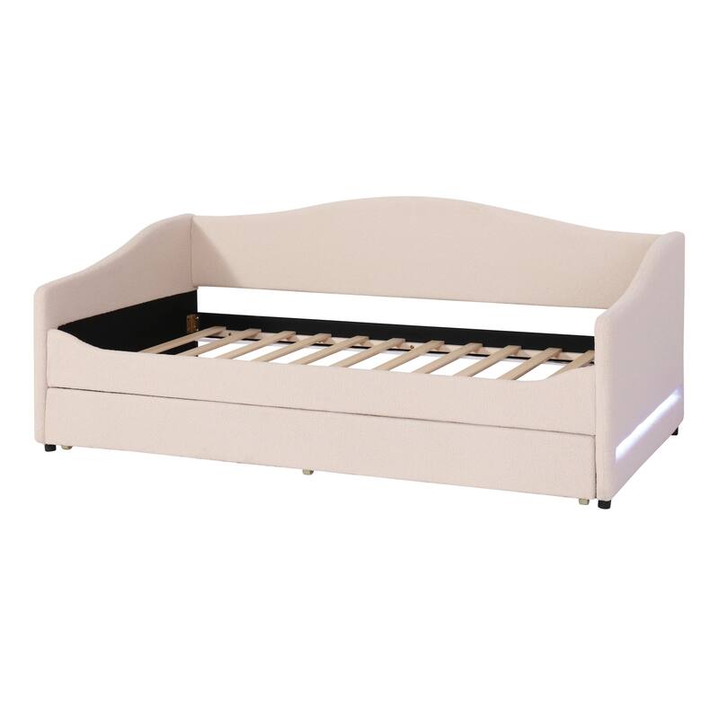 Twin Size Upholstered Daybed with Trundle, Beige, Light Stripes Design