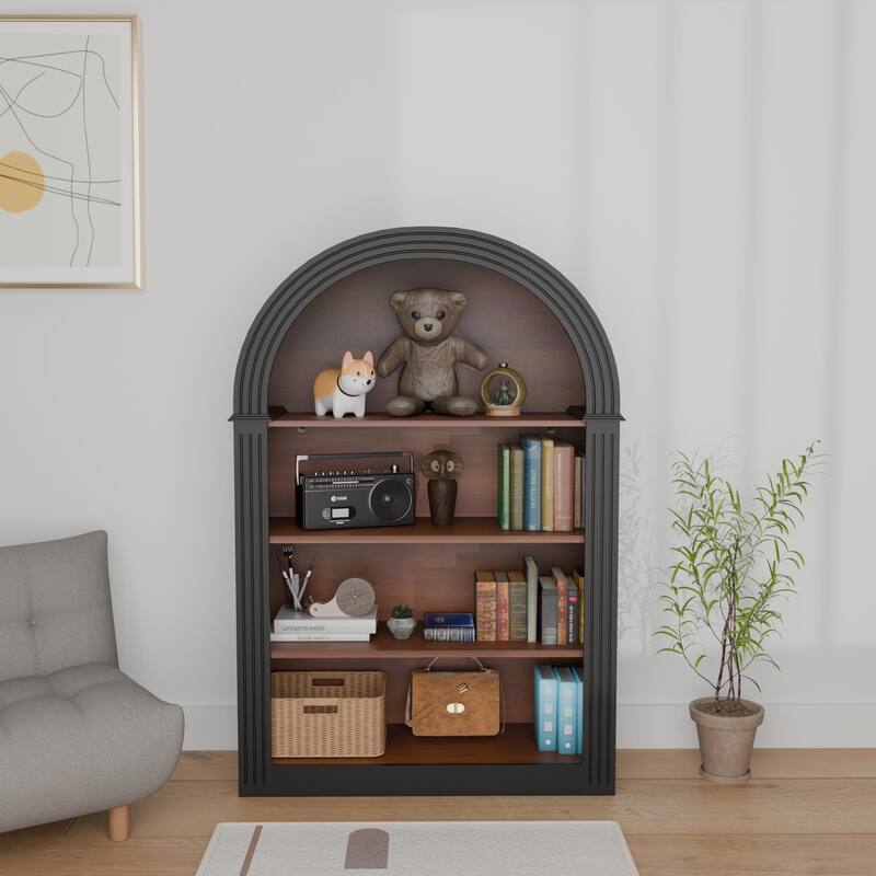 4-Shelf Tall Bookshelf, 45.66" Wood Open Display Floor Arched Bookcase, Large Storage Organizer for Bedroom Living Room