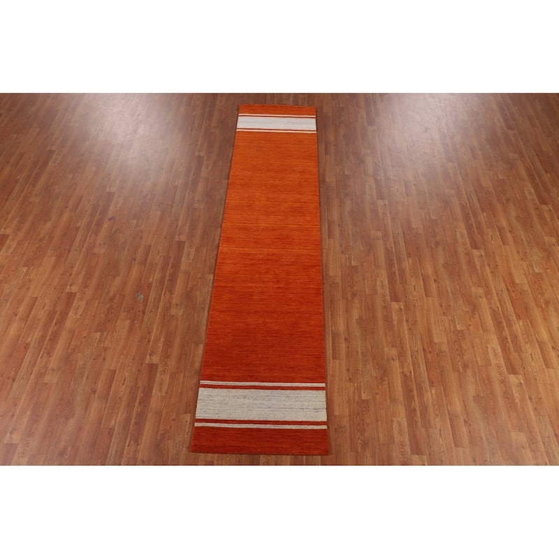 Hand Knotted Oriental 100% Wool Carpet Tribal Stripe Oranges & Rust Gabbeh Runner Rug - 10' 9'' X 2' 6''