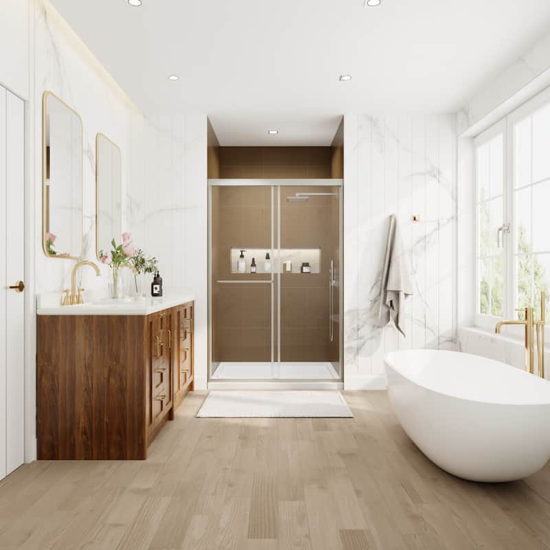 Modland 44''- 48'' W x 72'' H Glass Semi-Frameless Double Sliding Shower Tub Door in Matte Black / Brushed Nickel