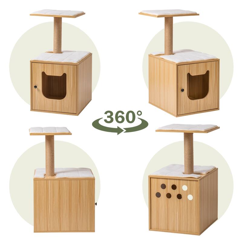 3-IN-1 Cat Litter Box Enclosure, Wooden Cat House with Cat Bed Hidden Cat Washroom Furniture with Scratching Post