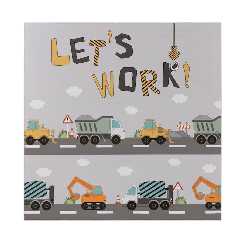 Kids Rug for Nursery Construction Road Play Mat with Cranes and Trucks - 6'7" Square