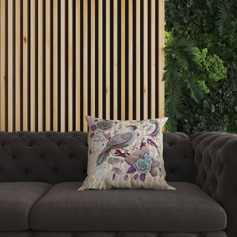 Beige And Multi Songbird Rose Radiance Faux Suede Throw Pillow Zipper