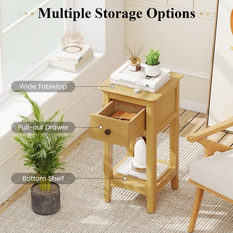 3 Tier Wooden Nightstand with Drawer and Shelf Solid Pine Side Table for Bedroom Living Room Compact End Table
