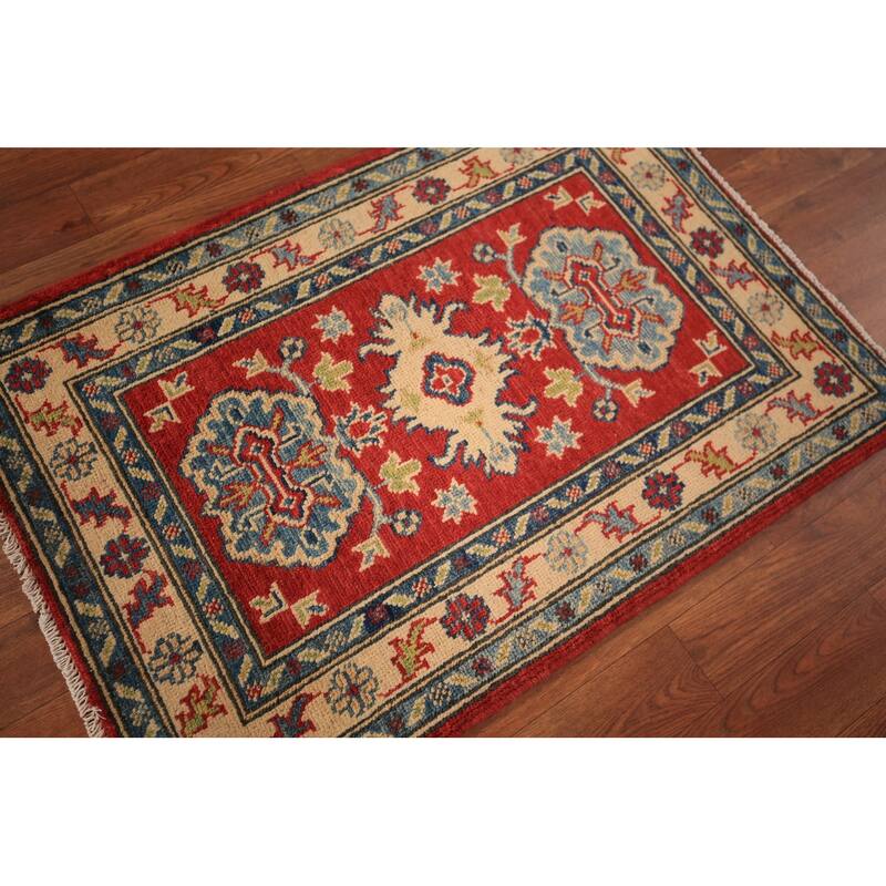 Geometric Kazak Accent Rug Traditional Handmade Red Wool Carpet - 2'0" x 3'0"