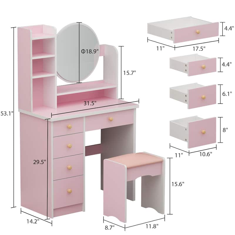 Makeup Vanity Set Dresser w/Mirror Stool 5 Drawers - White/Pink/Black - 31.5"L x 15.7"W x 52"H