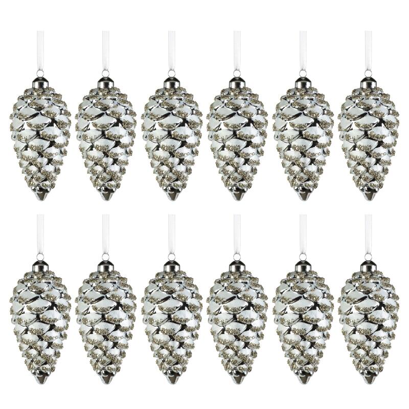 Wolly Glass Pine Cone Hanging Ornaments, Set of 12 - 6"