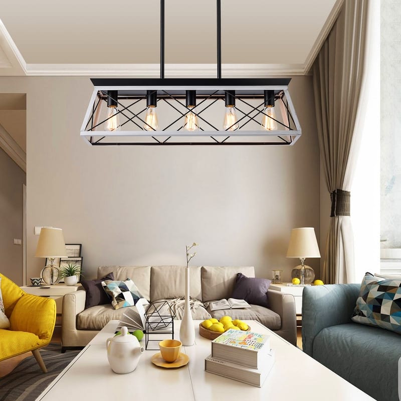32" Industrial Pendant Chandelier – Walnut & Metal Cage Design, Adjustable Hanging Light (Bulbs Not Included)‌. - White+Black