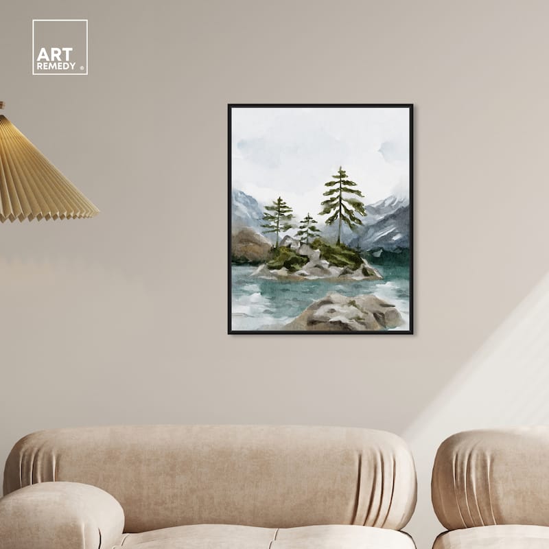 Art Remedy Cold Winter Lake Framed Landscape 1 Piece Canvas Wall Art Watercolor Style