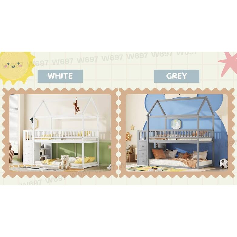 Twin House Bunk Bed with Roof, Storage Shelves, and Drawers for Kids.