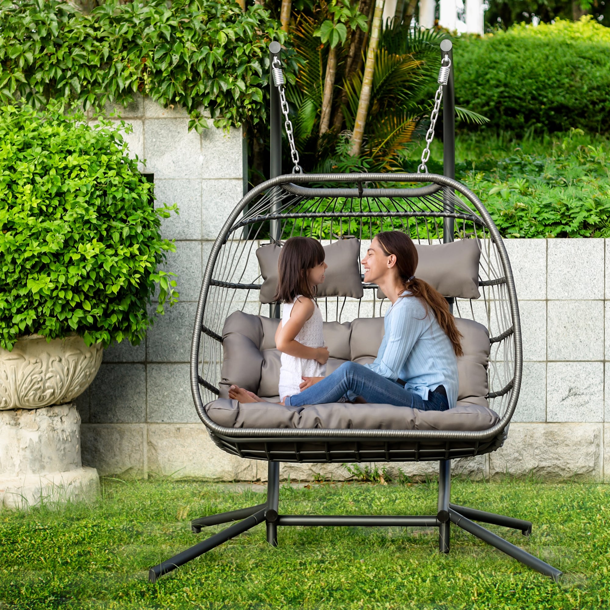 outdoor wicker hanging egg chair with stand swing lounge chair wcushion  for 2 person xlarge  63"w x 78"l x 433"d