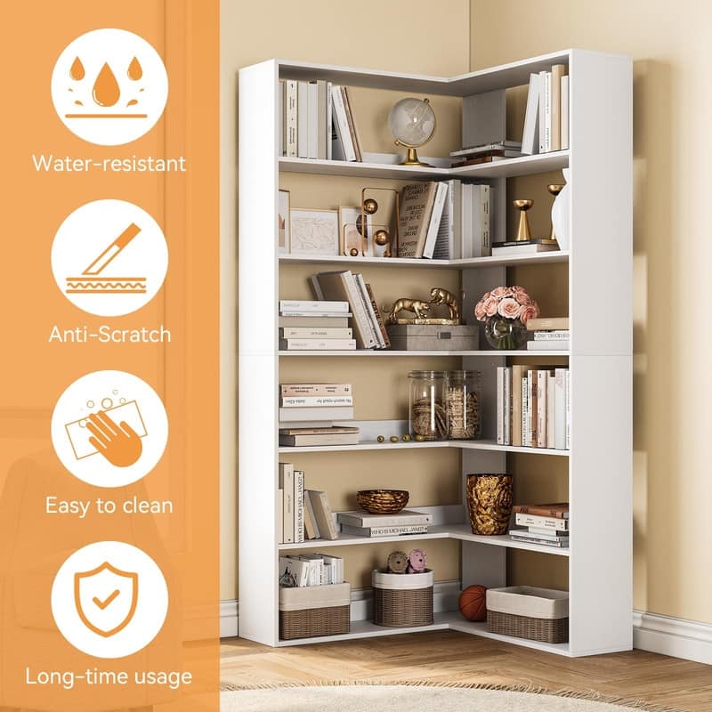 Modern 6 Tiers Corner Bookshelf Tall L Shaped Industrial Bookcase with Baffles