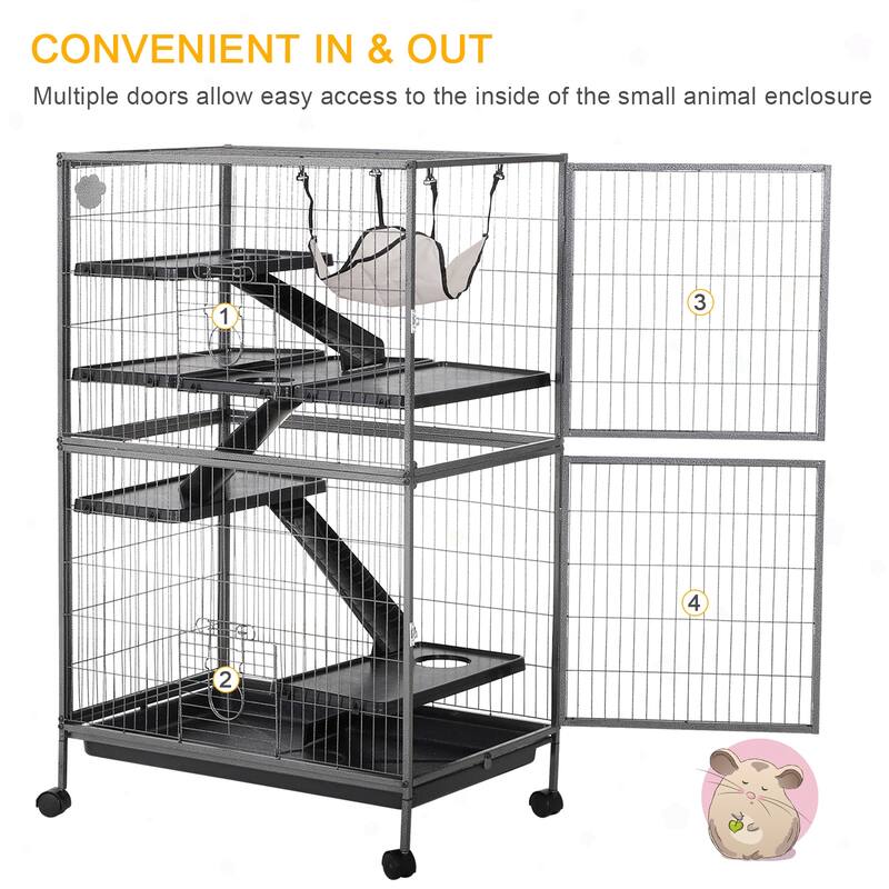 PawHut 4 Tier Steel Plastic Small Animal Pet Cage Kit for Little Rabbit Guinea Pig with Wheels Brakes hammock Removable Tray