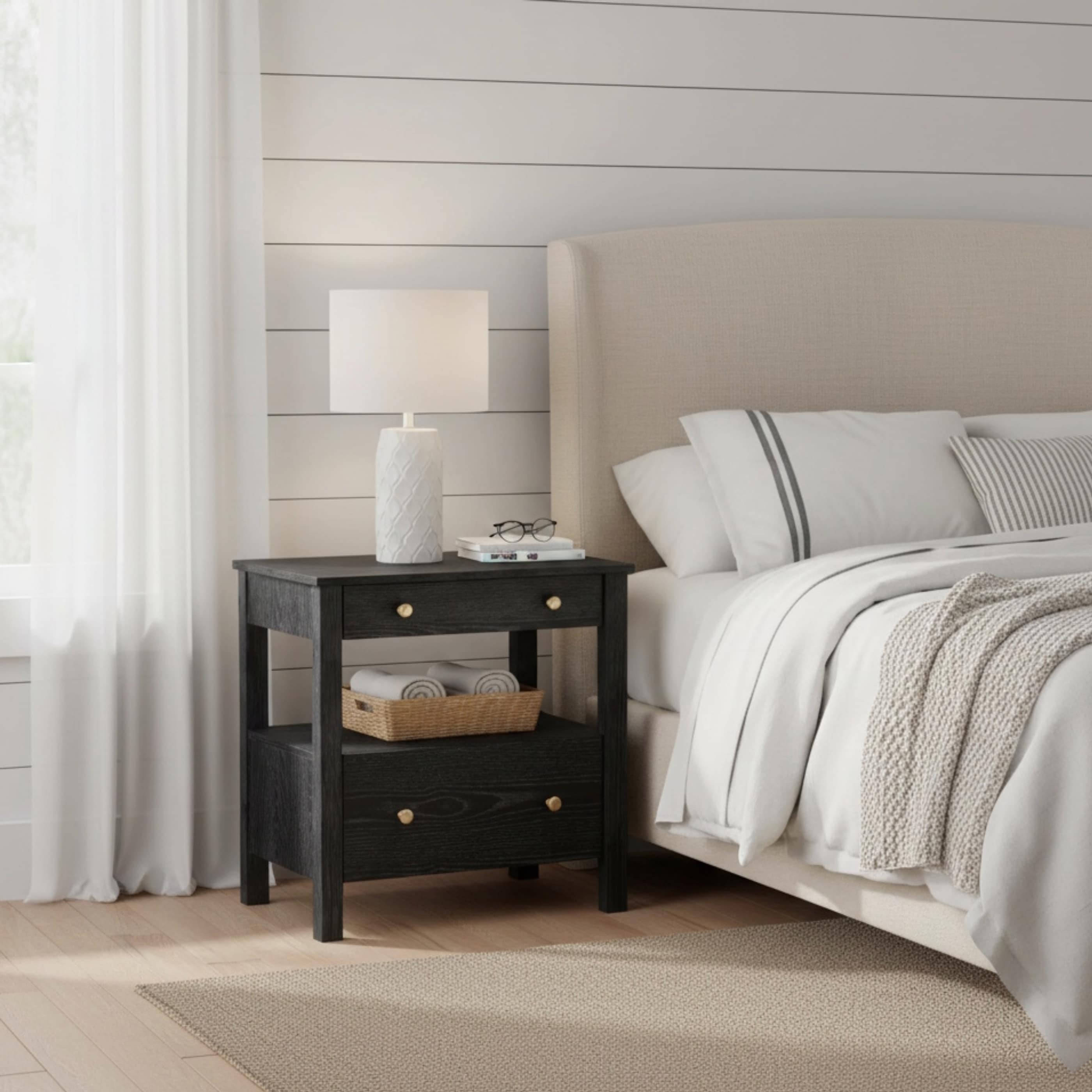 2- Drawer Nightstand with Gold Knobs and Open Shelf Modern Design