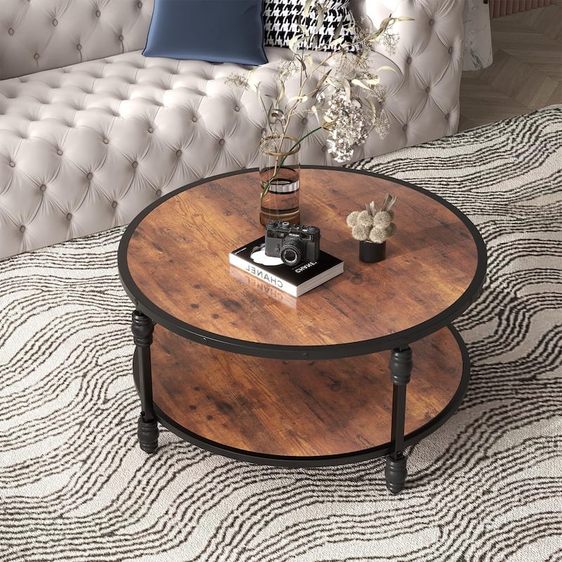 Round Coffee Table for Living Room Rustic Center Table with Storage