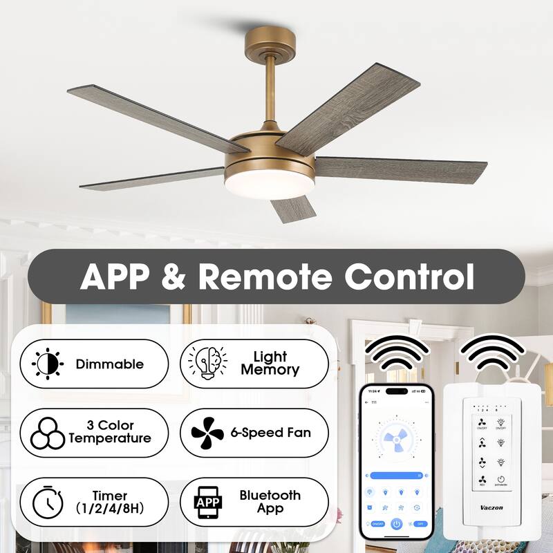 Vaczon 48" Gold Reversible Dimmable LED Smart Ceiling Fan with Light, App Comtrol and Remote