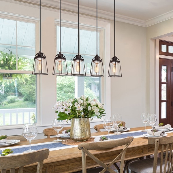 Laluz Vintia Farmhouse Rustic 5 Light Modern Linear Chandelier Faux Wood LED Dimmable Glass Island Lights L29 inch x W4.7 inch x H69 inch Size L29