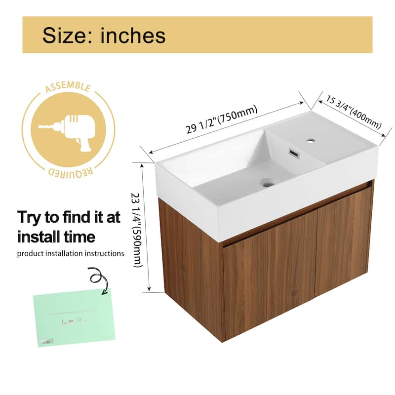Malwee 24"/30" Bathroom Vanity with Sink, Floating Bathroom Vanity with Soft Close Door