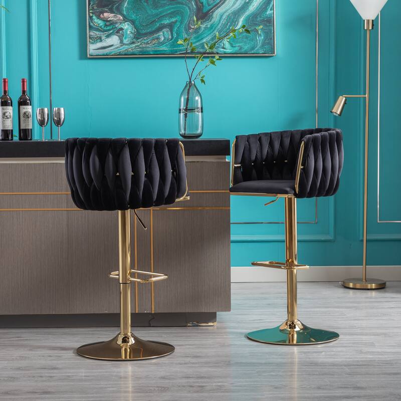 Set of 2 Bar Stools,with Chrome Footrest and Base Swivel Height Adjustable Mechanical Lifting Velvet+ Leg Simple Bar Stool