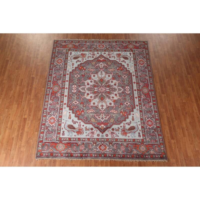 Animal Pictorial Heriz Serapi Oriental Area Rug Handmade Wool Carpet - 7'10" x 9'8"