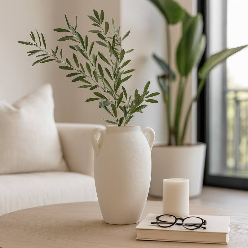 Neutral Ceramic Textured Amphora Jug with Handles Vase - White