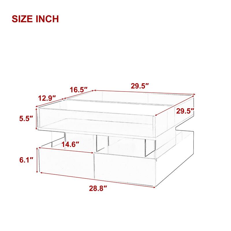 Lift-Top Coffee Table with 2 Drawers, Modern Square Center Table w/ Glass Top and High-Gloss Finish & LED Lights for Living Room